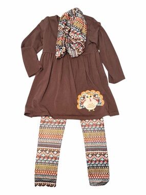 Girls Brown Turkey Tunic with Patterned Leggings & Scarf